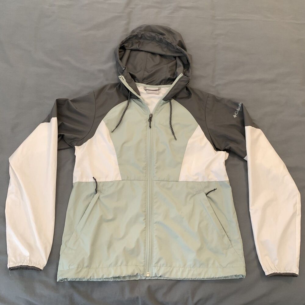 Columbia Jacket Womens XS Gray White Hooded Full Zip Windbreaker Outdoors Coat
